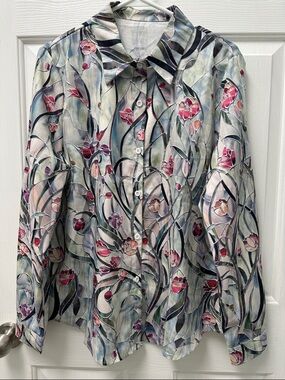 Floral Watercolor Button-Up Blouse in Pink, Green & Blue